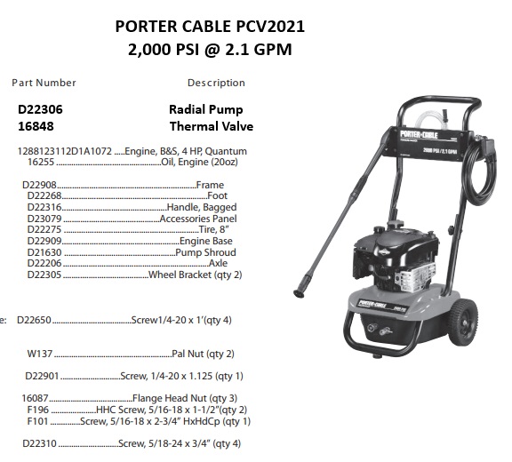 PORTER CABLE PCV2021 power washer repair parts and manual